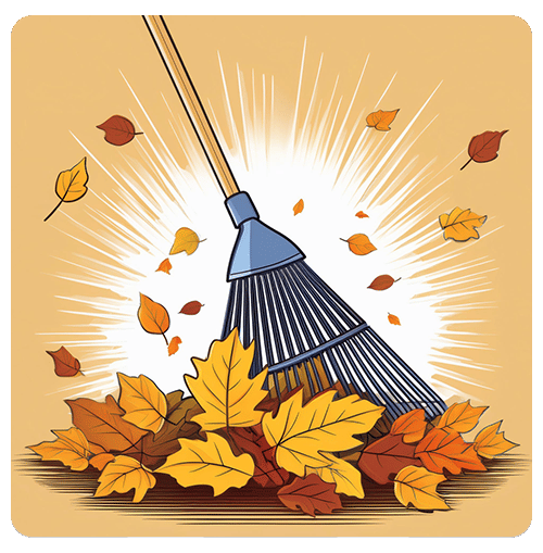 Blue rake gathering orange and yellow autumn leaves