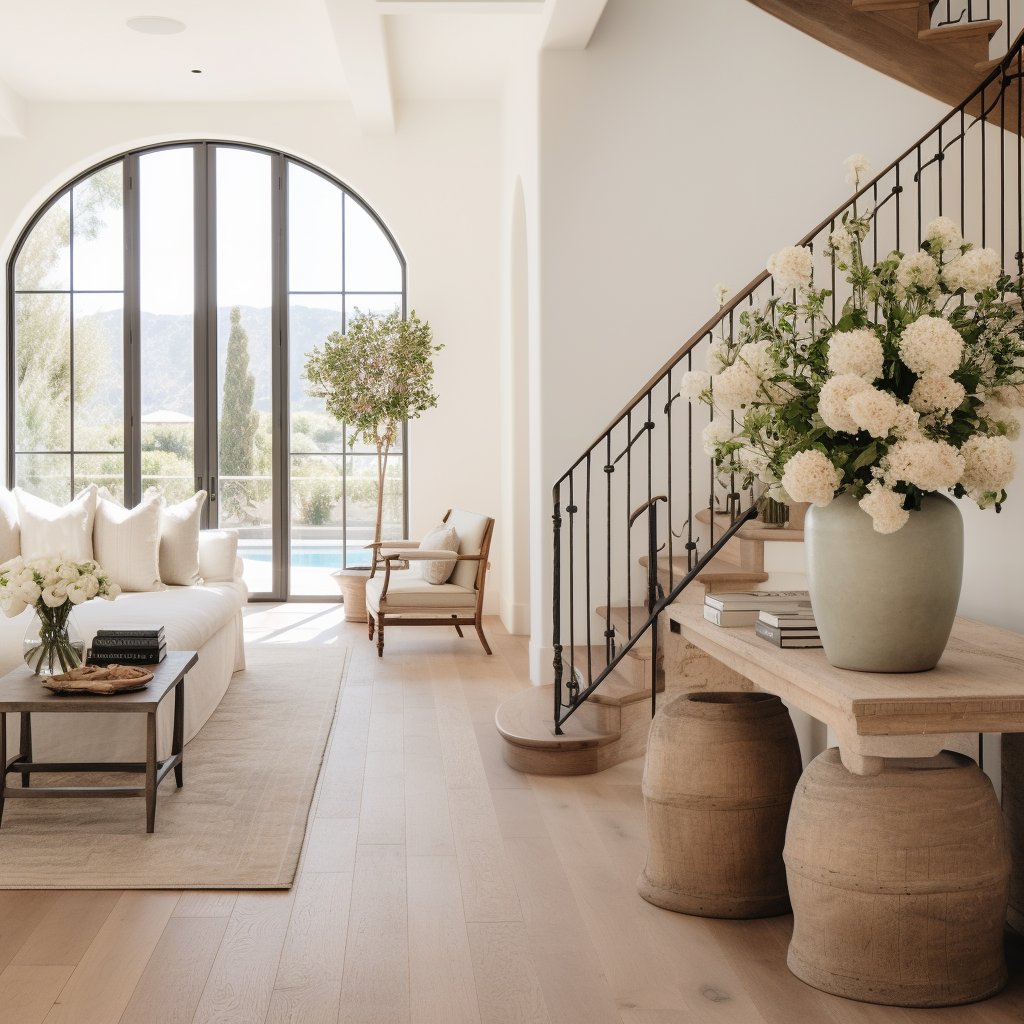 Bright living room with an arched glass door overlooking a pool and a flower-adorned staircase.