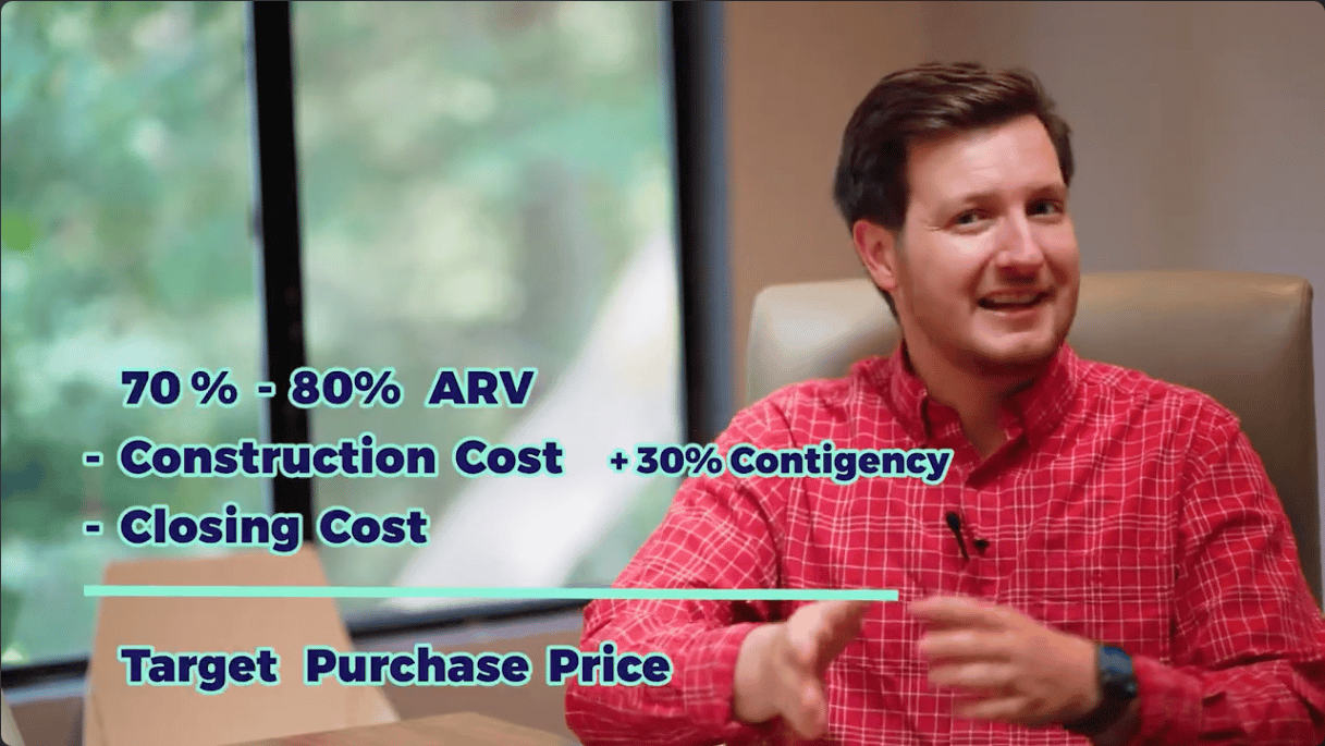 BRRRR purchase-price calculation with ARV, construction costs, contingency, and closing costs beside a seated presenter.