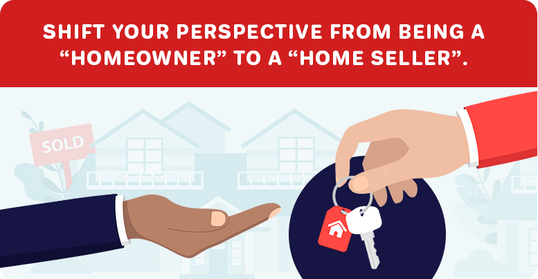 Shift your perspective from homeowner to home seller; illustration of a seller handing over house keys.
