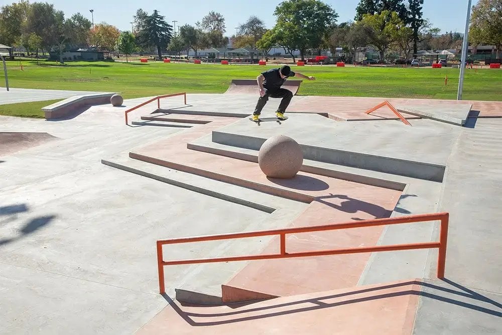 Skatepark features and lawns at La Puente Park