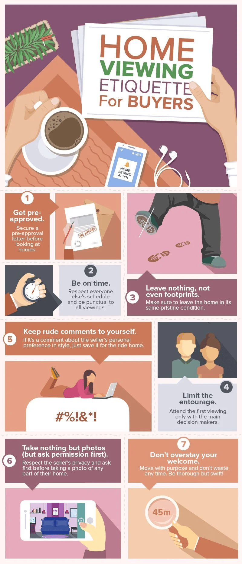 Infographic outlining seven etiquette tips for buyers viewing homes.