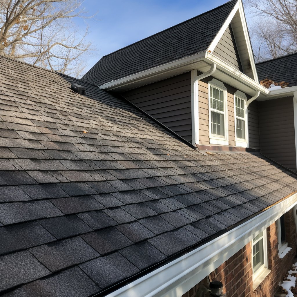 House roof with gray shingles, a dark-sided dormer, and white-trimmed windows.
