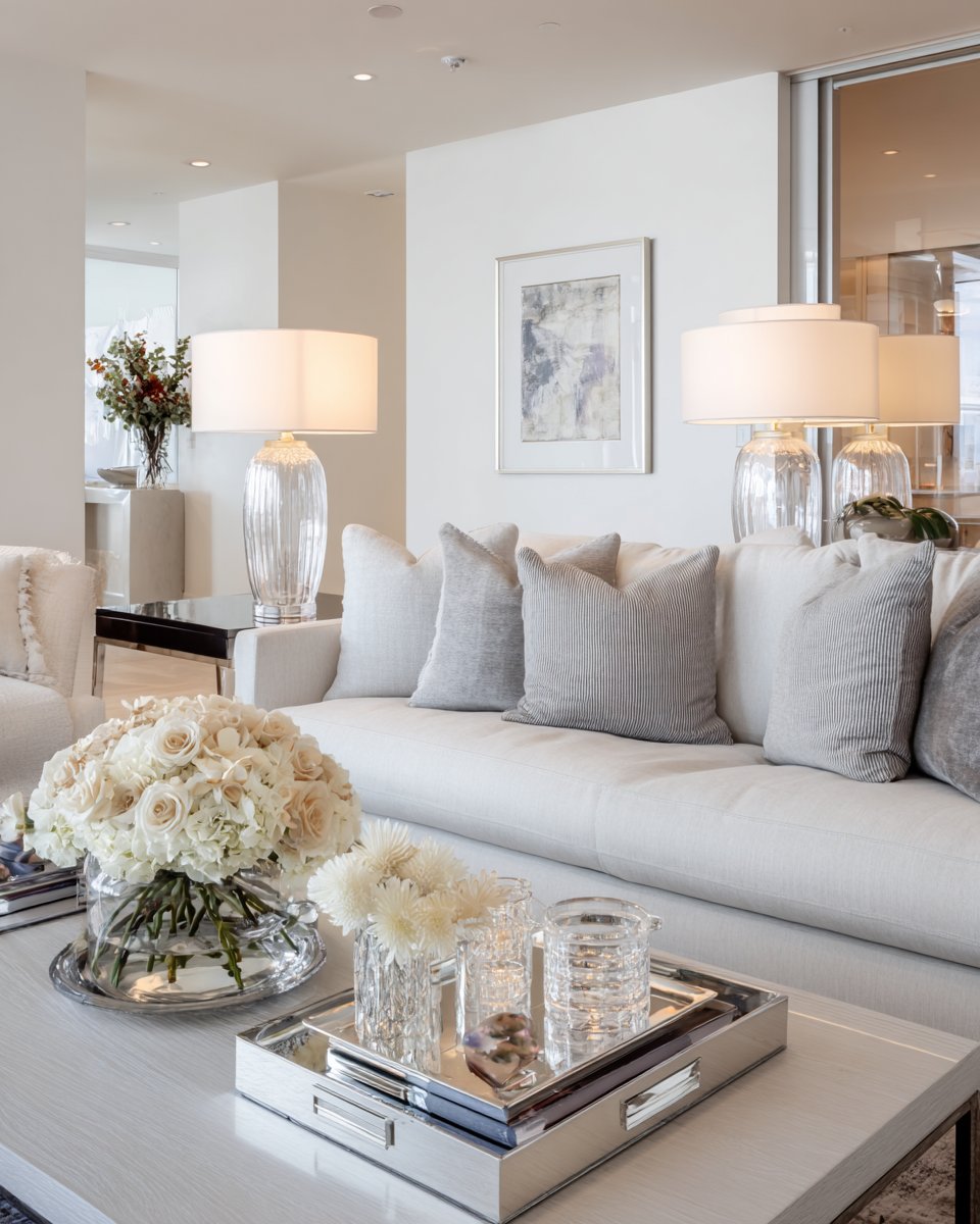 Bright living room with a white sofa, glass lamps, abstract artwork, and white floral arrangements.