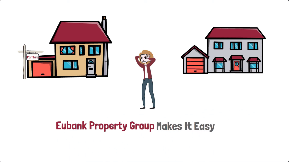 Illustration of a home for sale, a second home, and a person; “Eubank Property Group Makes It Easy.”