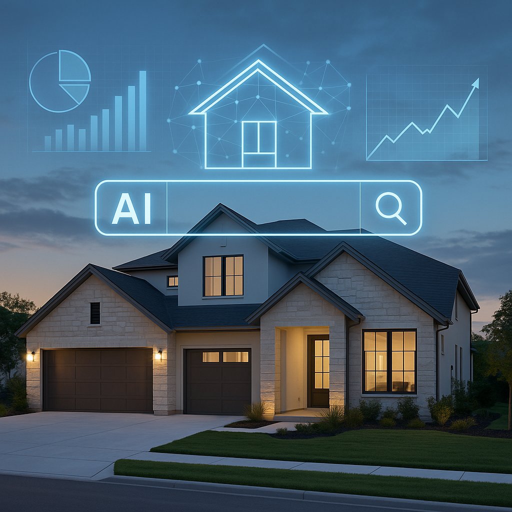 AI analytics overlay a modern stone house at dusk.