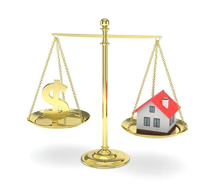 Balance scale weighing a dollar sign against a small house with a red roof.