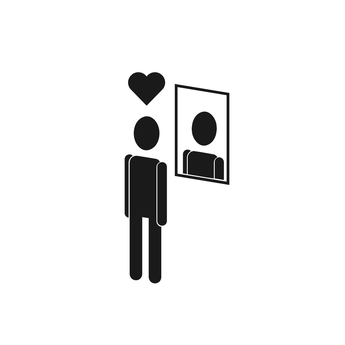 Person looking at their reflection with a heart above their head