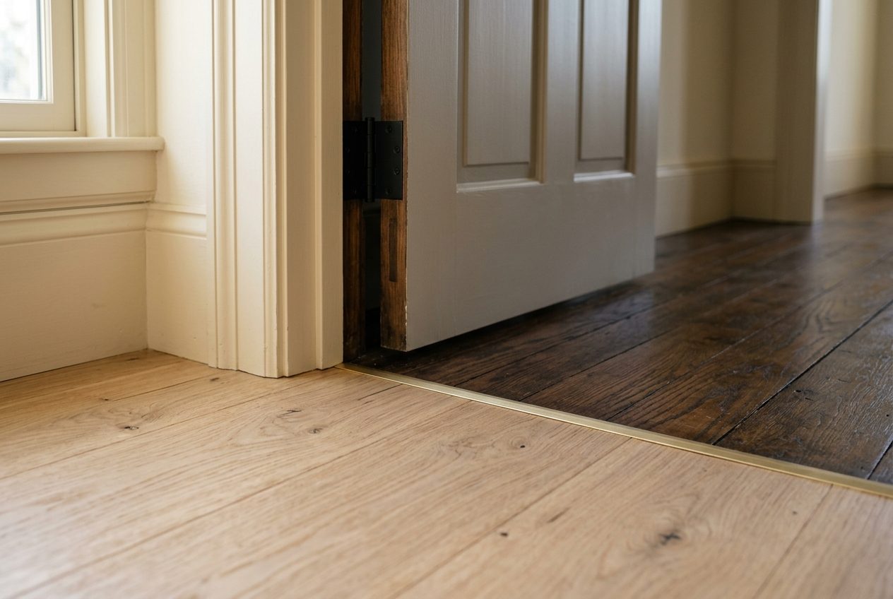 Doorway with a brass strip separating pale wood flooring from dark hardwood.