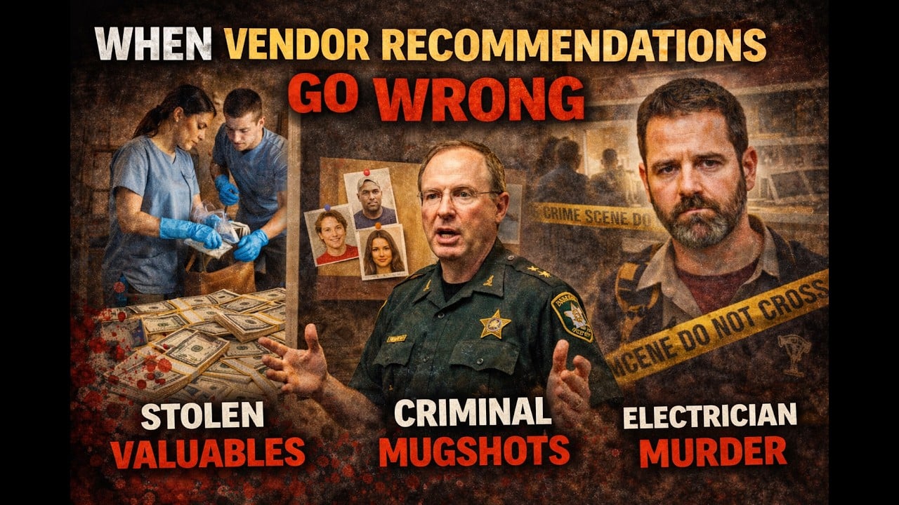 A collage showing a police officer and an electrician in front of crime scene imagery, with text highlighting "Stolen Valuables," "Criminal Shots," and "Electrician Murder," illustrating real estate vendor referrals gone dangerously wrong.