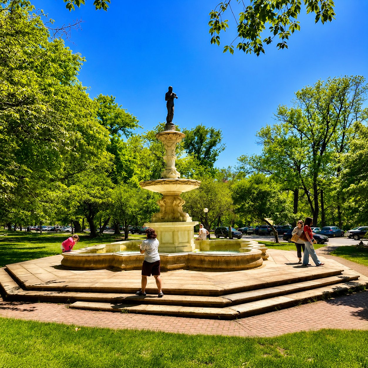 Ornate stone fountain with a statue in a leafy park, surrounded by visitors.