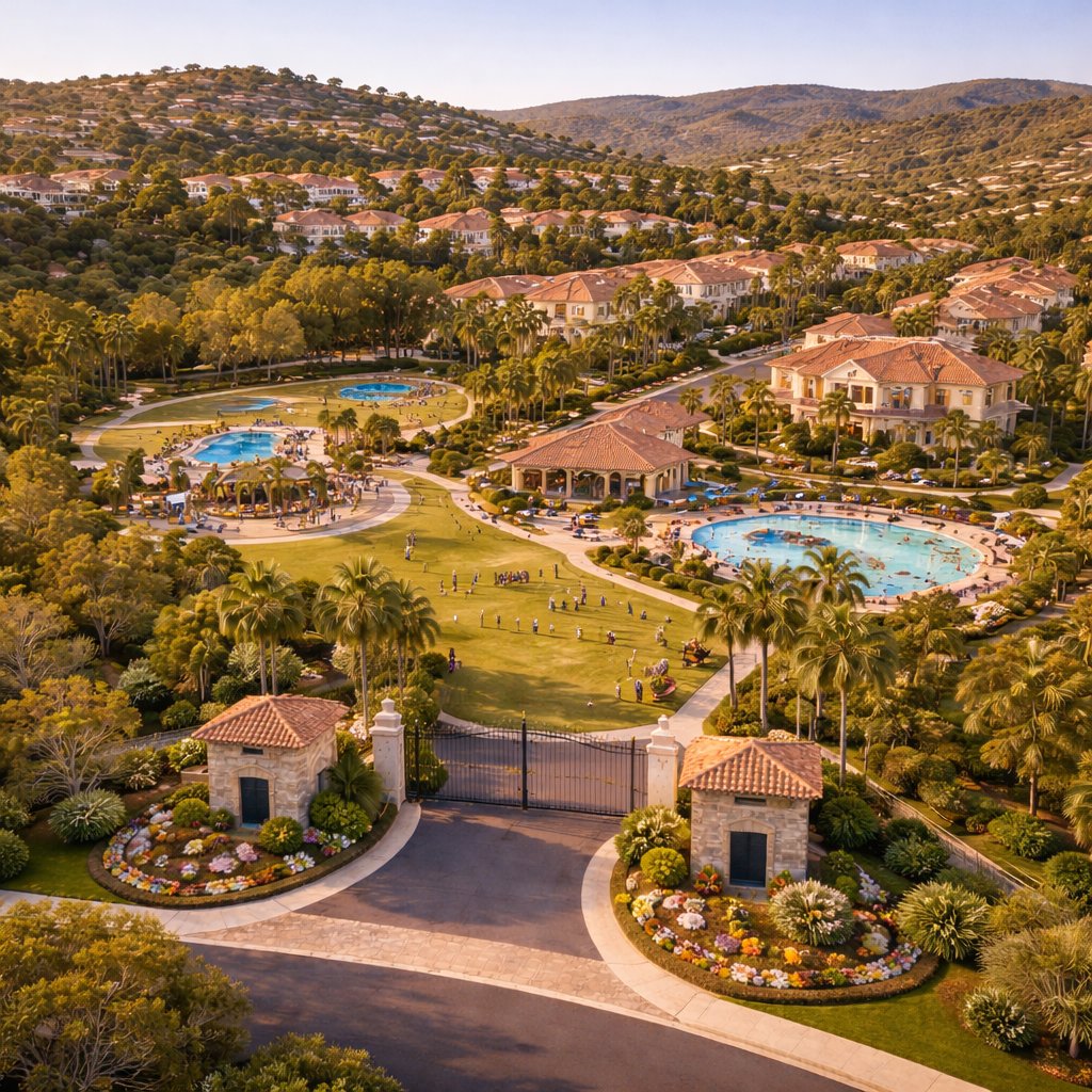 Modern single-family homes with community park and mountain backdrop at San Joaquin Hills, Laguna Niguel