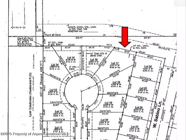 Subdivision plat of numbered lots around a cul-de-sac, with a red arrow marking a lot near W. Sabino Lane.