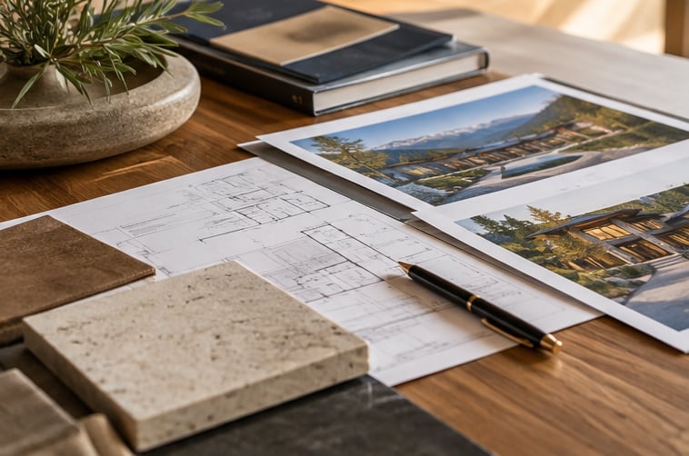 Architectural plans and home renderings beside stone and tile samples on a wooden table.