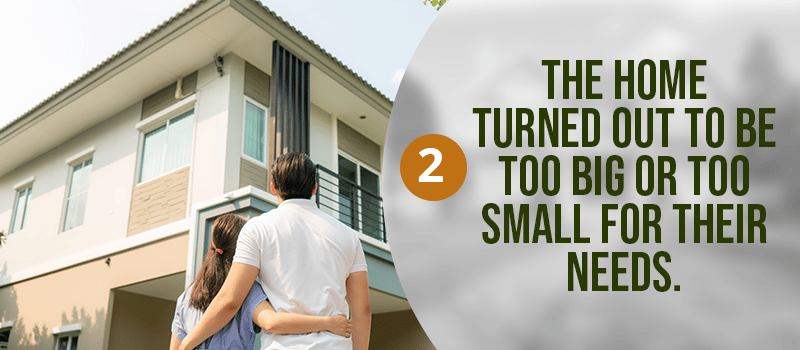 Home-buying regret: a couple looks up at a modern house beside a message about the home being the wrong size.