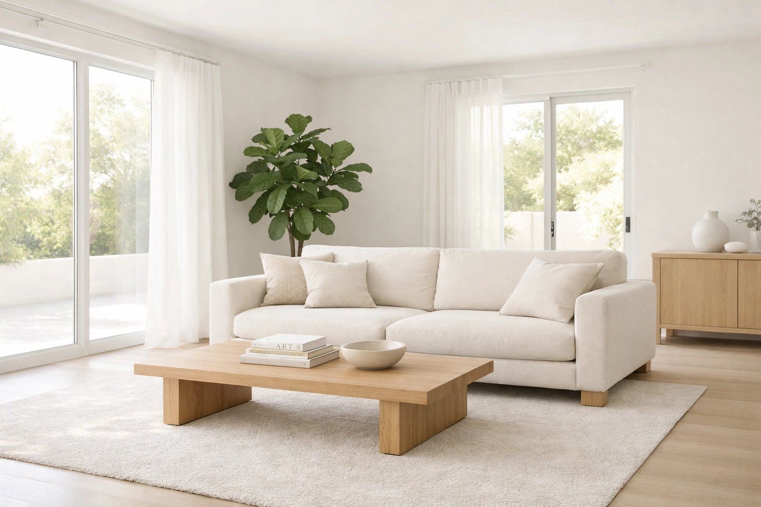 Bright living room with a white sofa, large windows, and a leafy indoor plant.