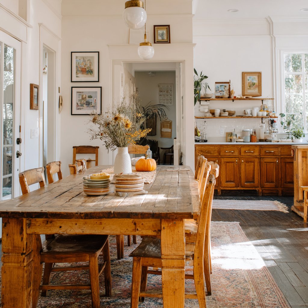 Farmhouse dining room with a long rustic table, stacked dishes, flowers, and a pumpkin centerpiece beside the kitchen.