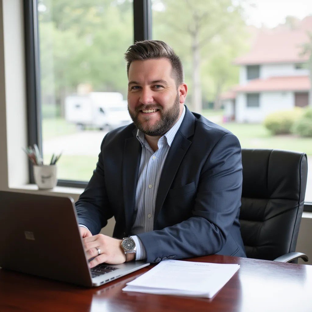 Shane Christian seated at a desk with a laptop, wearing a navy jacket.