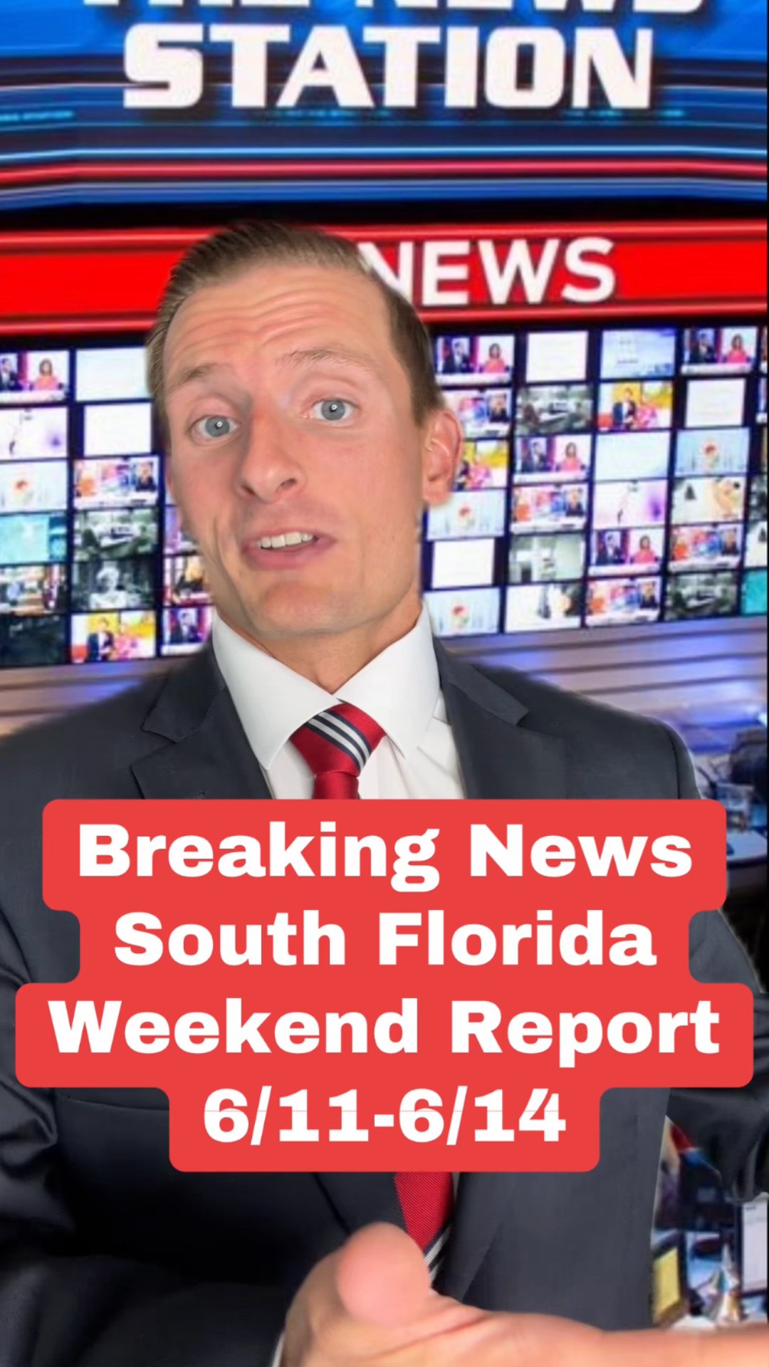 South Florida Weekend Report graphic for June 11–14, with a suited presenter in front of news screens.