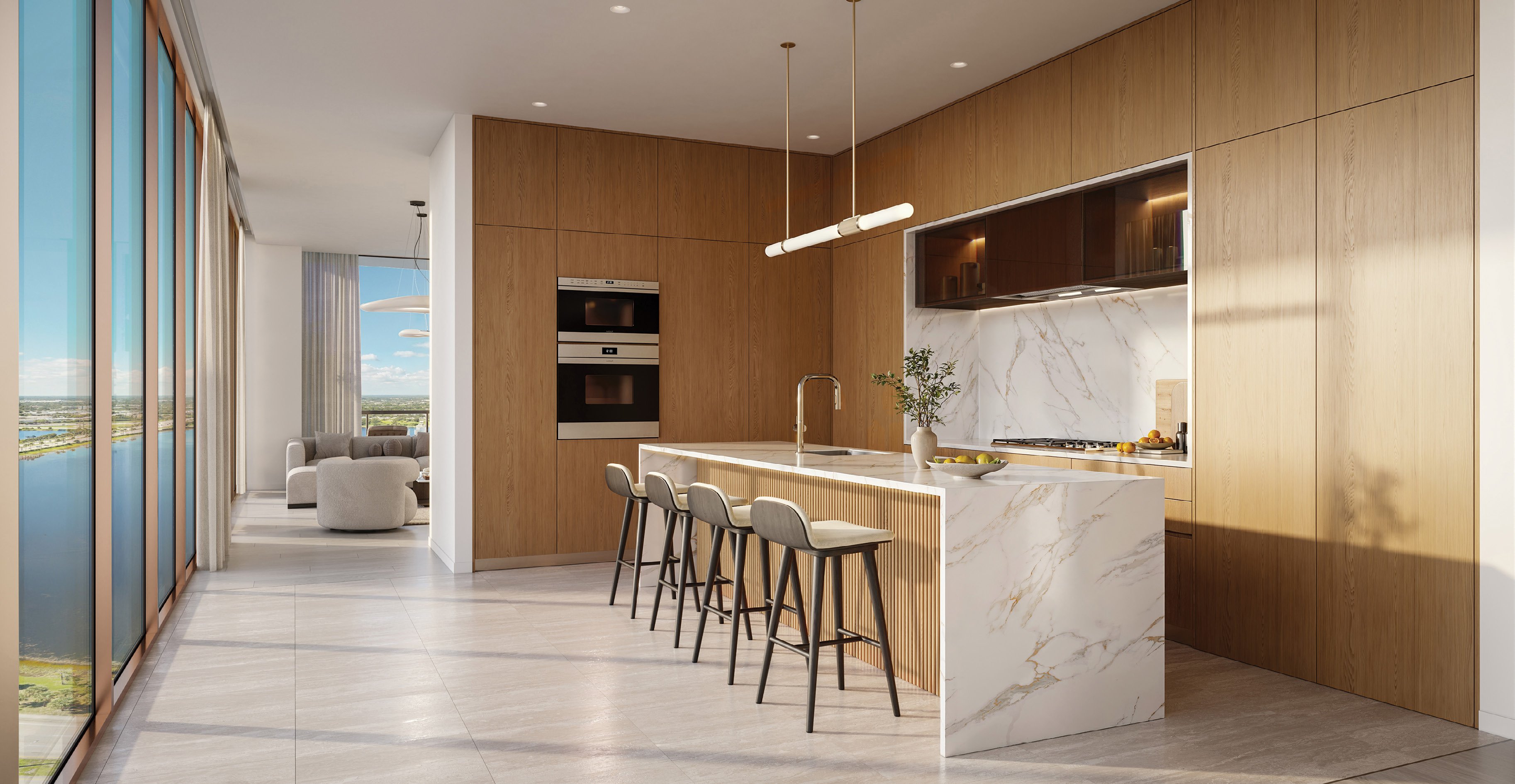 Rendering of a kitchen at The Berkeley with a marble island, warm wood cabinetry and floor-to-ceiling windows over the water