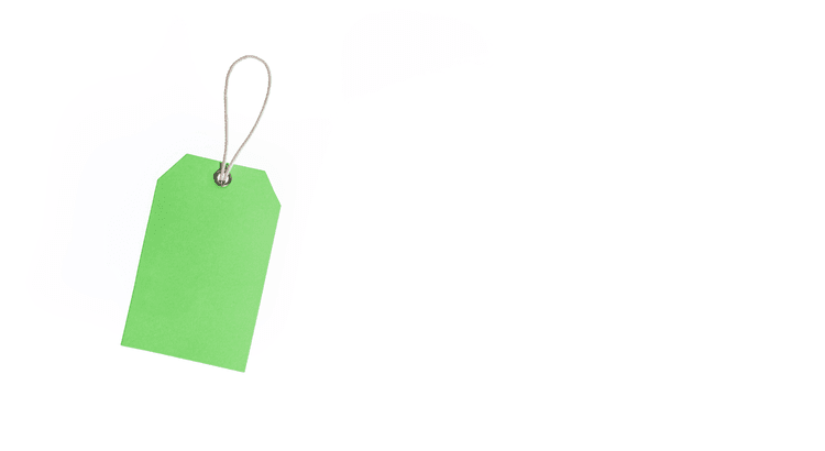 A green price tag suspended from a string, showcasing its vibrant color and simple design.