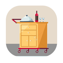 Wheeled serving cart with a covered dish, bottles, and glasses.