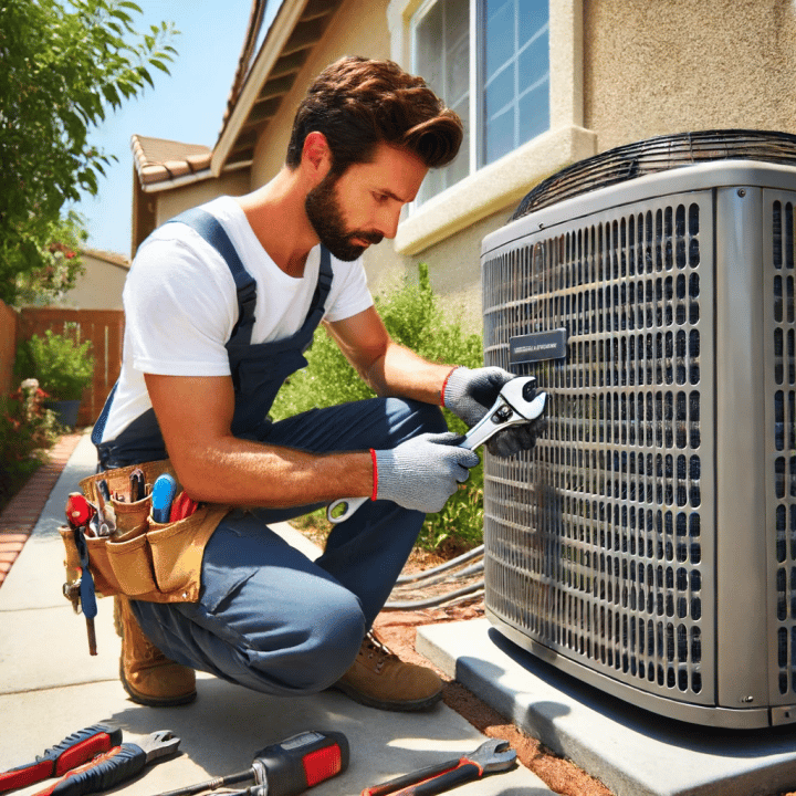 HVAC technician in work attire repairing an outdoor air conditioning unit.