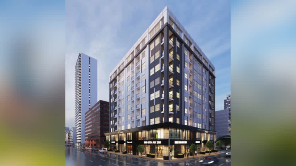 Exterior rendering of downtown calgary office to apartment conversion 