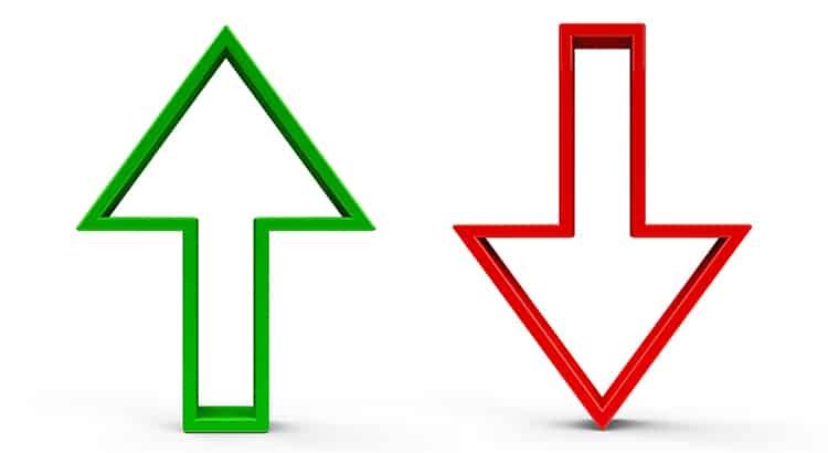 Two arrows, colored green pointing upward and colored red pointing downwards, positioned side by side.