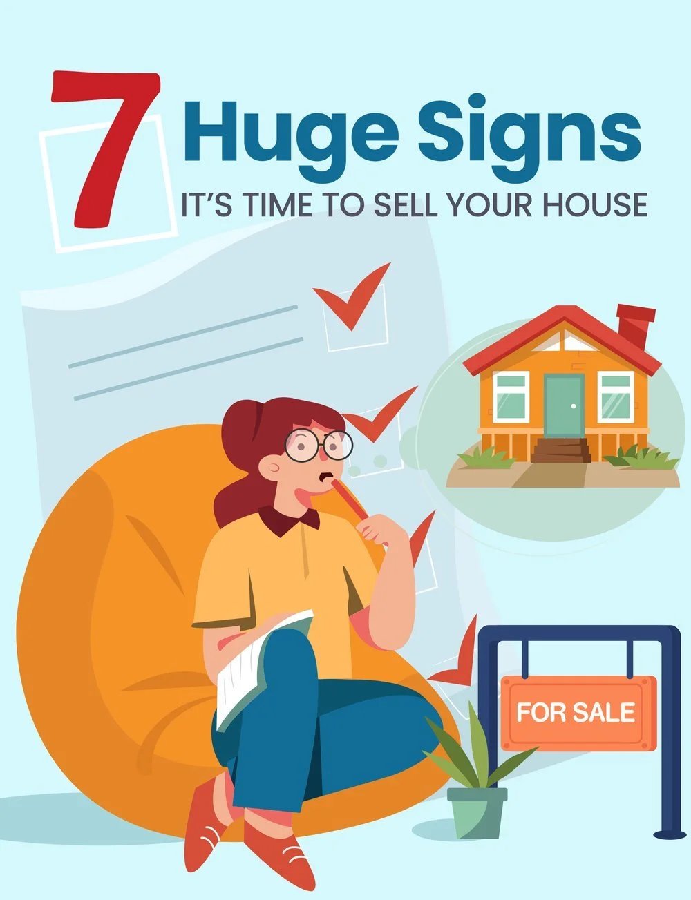 Illustration of a woman reviewing a checklist beside a house and a for-sale sign.
