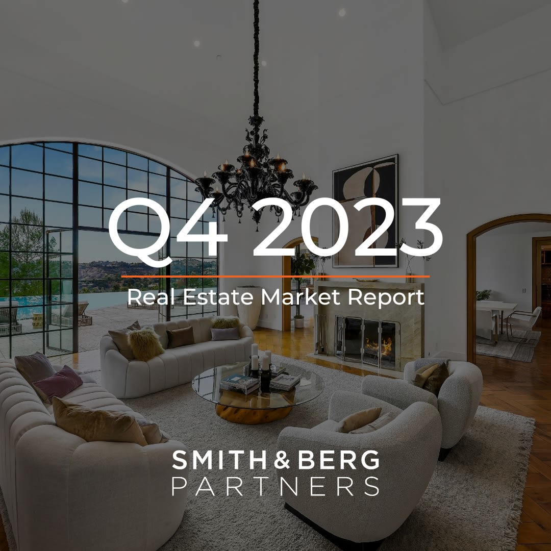  The cover of a "Real Estate Market Report" for "Q4 2023" features a luxurious and spacious living room with high ceilings.
