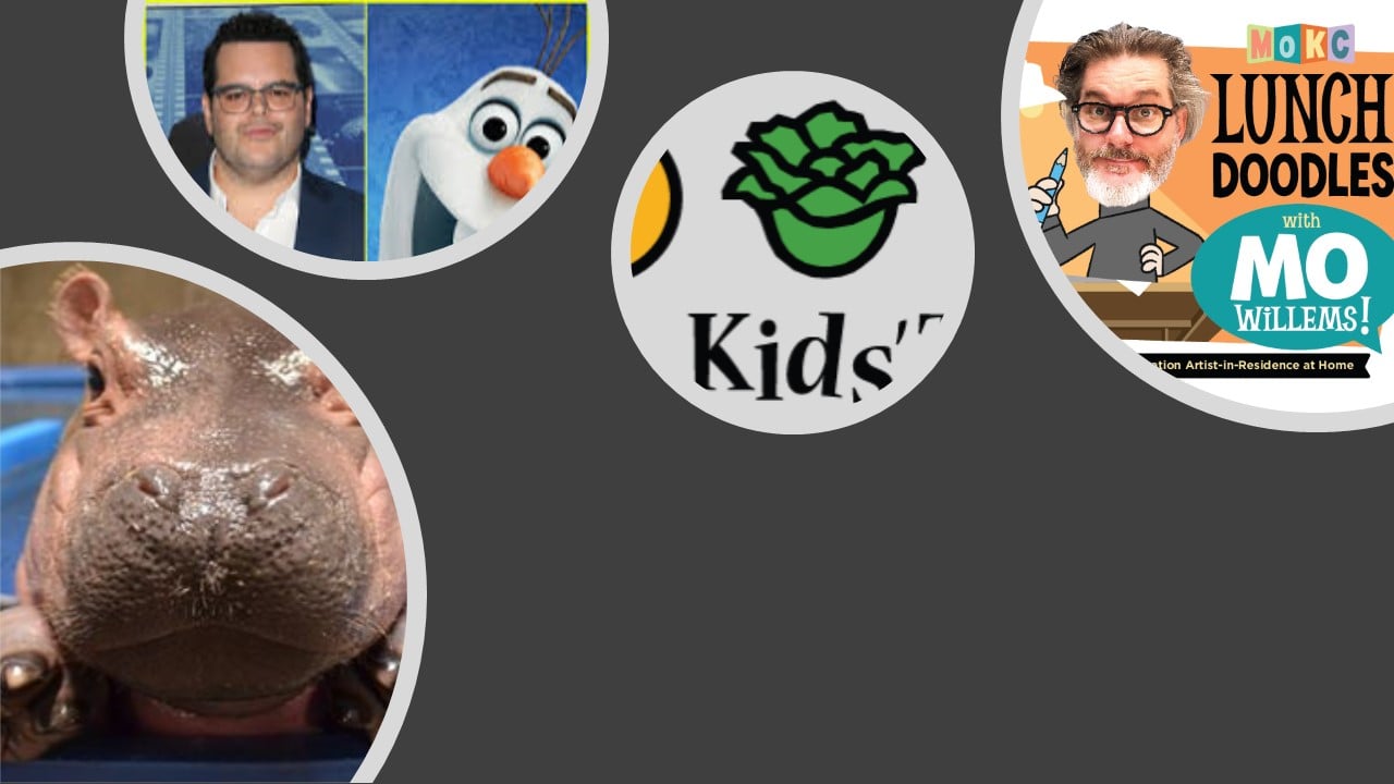 Children’s webinar collage featuring Mo Willems Lunch Doodles, Olaf, a hippopotamus, and a Kids’ logo.