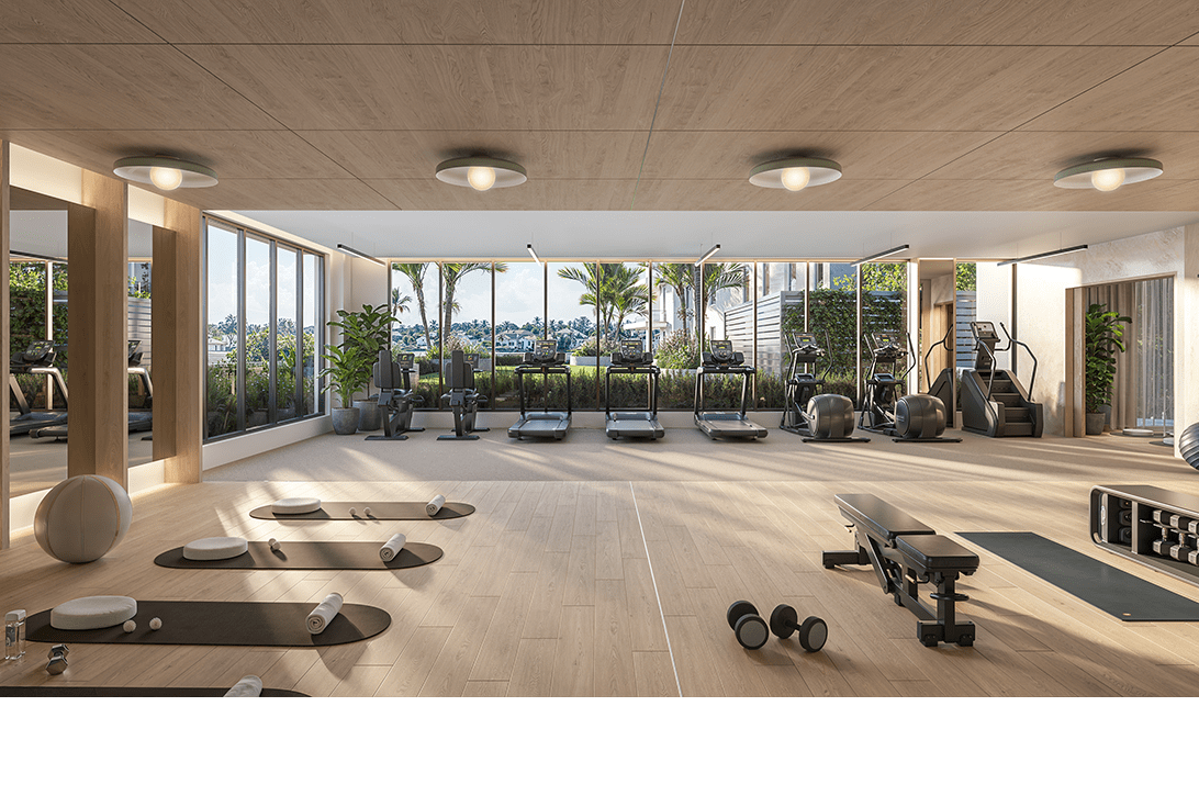 Rendering of the fitness center with water views at 3300 Gulf Shore, Naples
