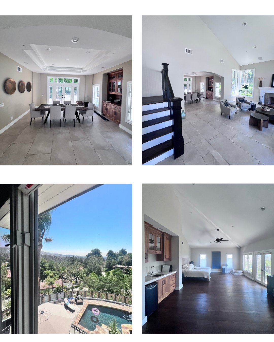 Home interiors include a dining room, open living area, and bedroom suite, with a window view of the pool.