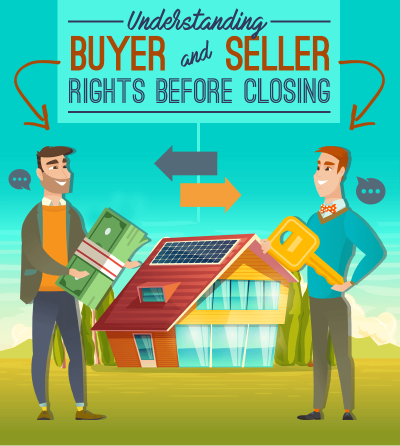 Buyer and seller stand on either side of a house, with cash, a key, and arrows between them.