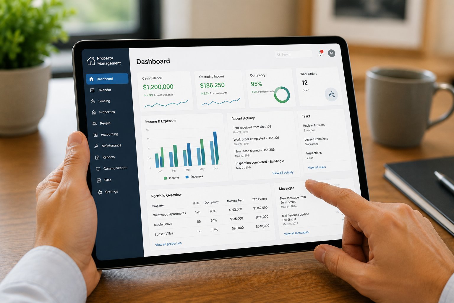 A person interacts with a property management dashboard on a tablet, displaying financial graphs, recent activity, tasks, and occupancy rate in an office setting.
