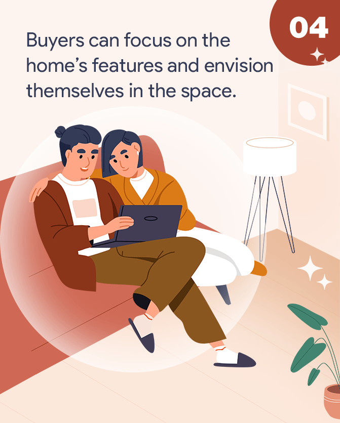 Illustrated couple viewing a tidy living room, with text about buyers envisioning themselves in the space.