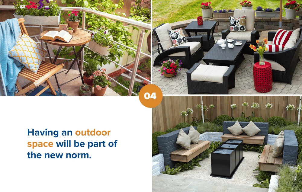 Outdoor spaces becoming a homebuyer priority, illustrated with three furnished patios.