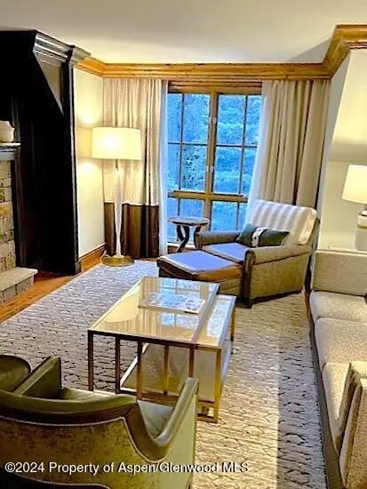 Furnished living room with a dark fireplace, tall windows, and a glass coffee table.