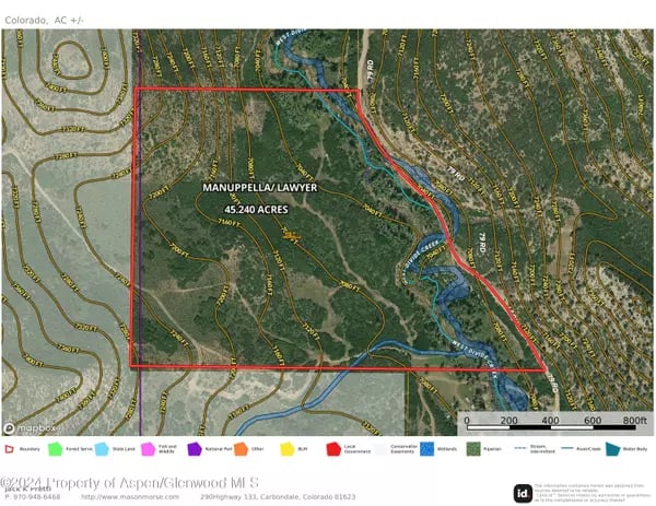 Topographic map of a 45.240-acre parcel near Silt, outlined in red beside a winding river.