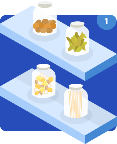 Illustration of two shelves holding jars of brown items, leaves, colorful objects, and spaghetti, numbered 1.