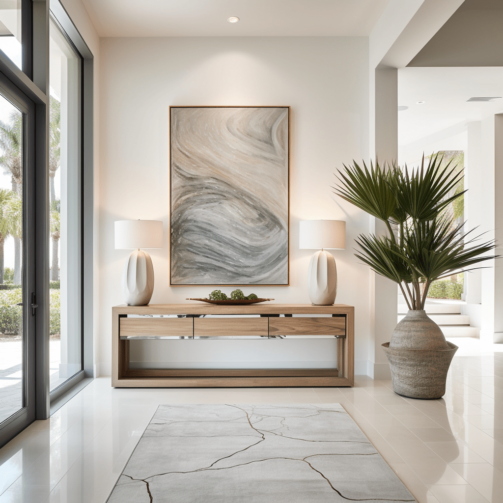 Bright modern home entryway with large windows and abstract art, contact Michele Colombo real estate