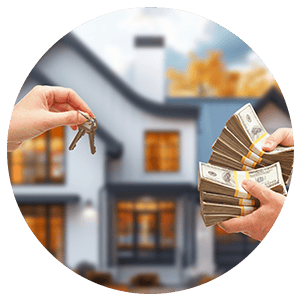 Hands holding house keys and cash in front of a blurred house.