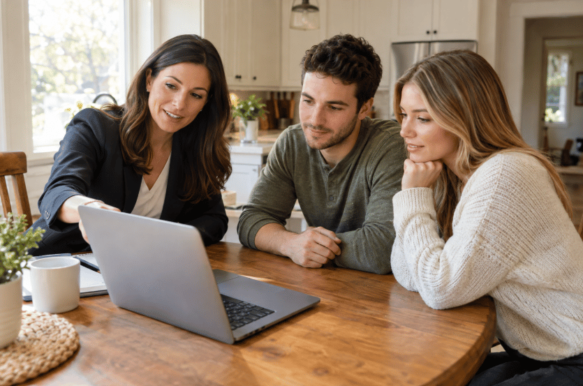 An agent and a couple review a laptop together at a kitchen table.