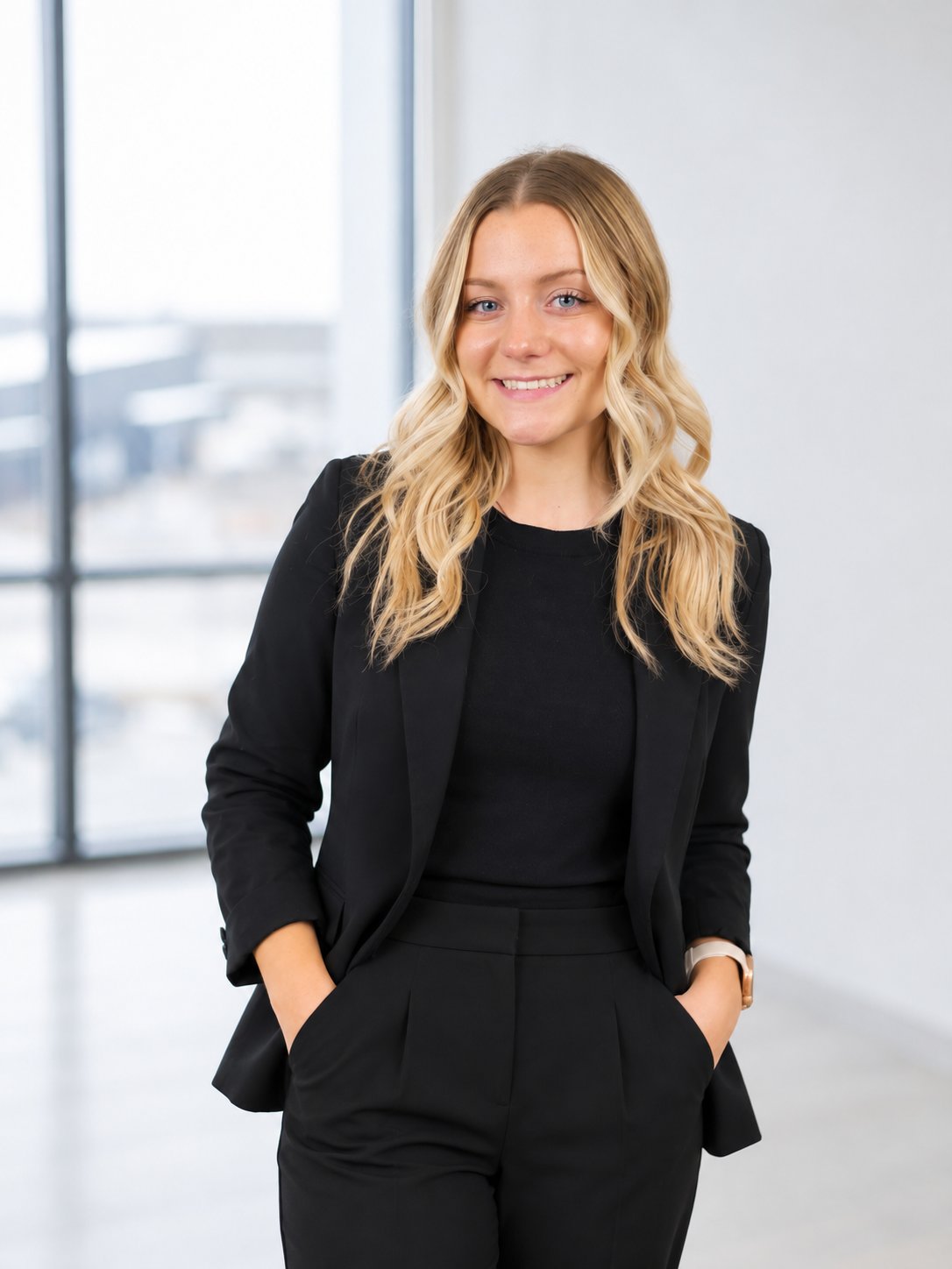 Morgan Walchek smiles in a black suit with her hands in her pockets.