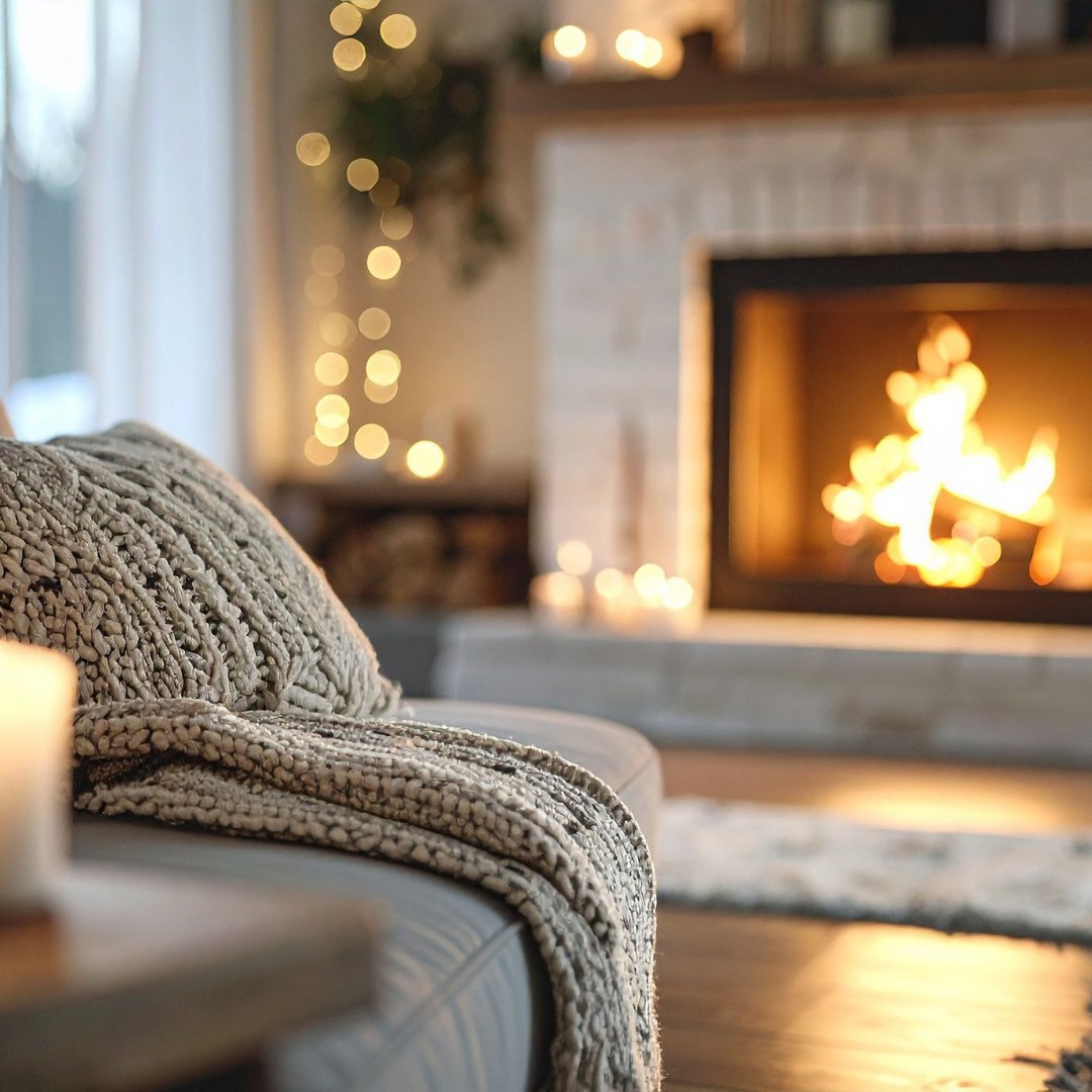 Living room with a lit fireplace, chunky knit blanket on a sofa, and glowing string lights.