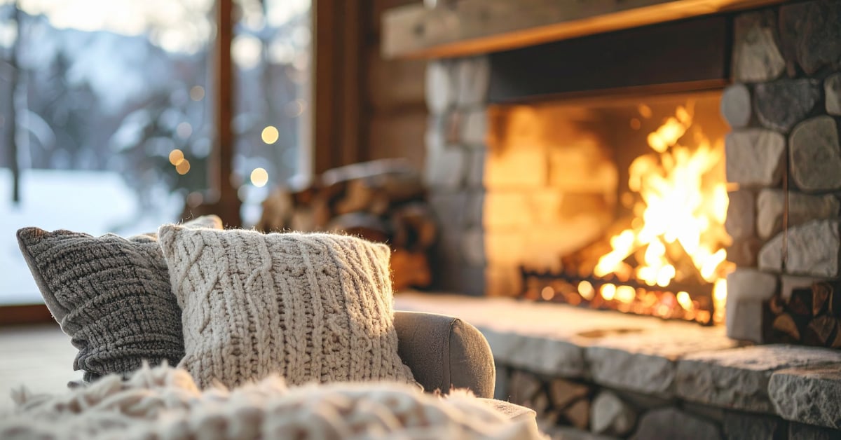 Cozy pillows in front of a stone fireplace with a blazing fire, creating a warm and inviting winter atmosphere inside a home.