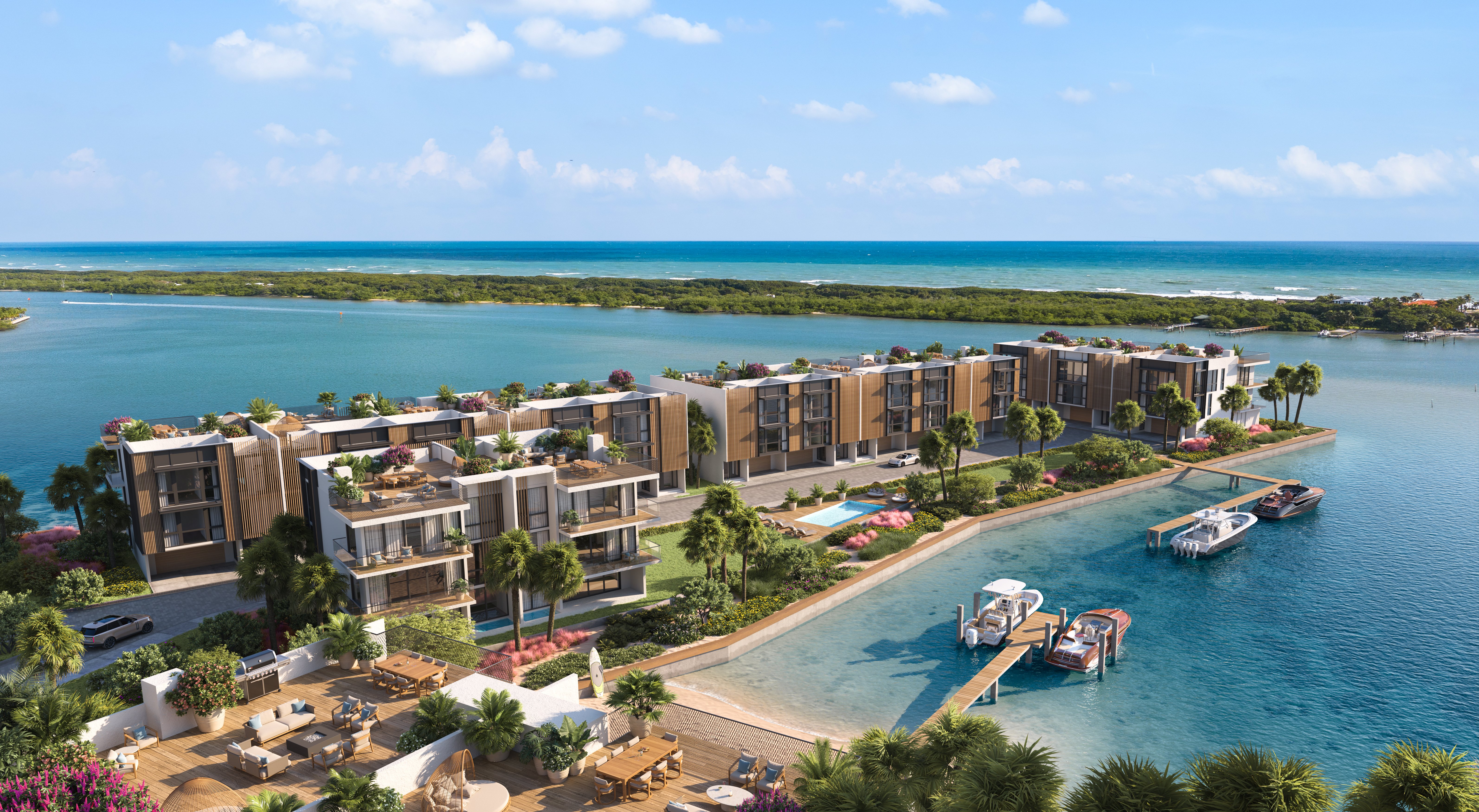 Aerial rendering of Forté Luxe on its peninsula along the Intracoastal Waterway in Jupiter