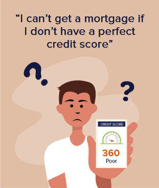 Illustration of a person holding a credit score card showing 360, marked “Poor.”