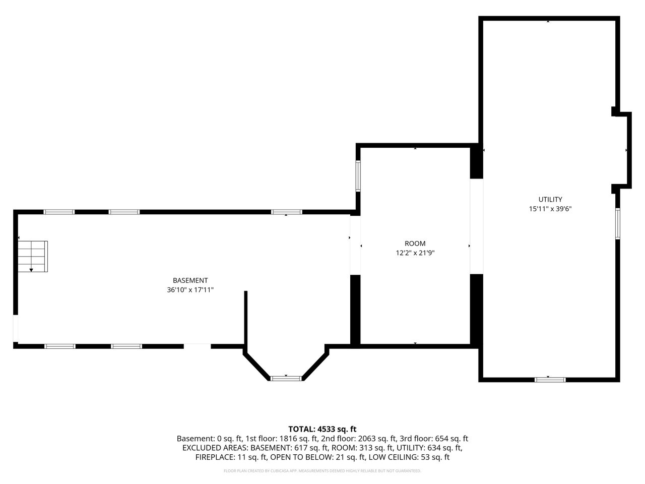 Basement floor plan showing a large basement, separate room, and utility area with labeled dimensions.